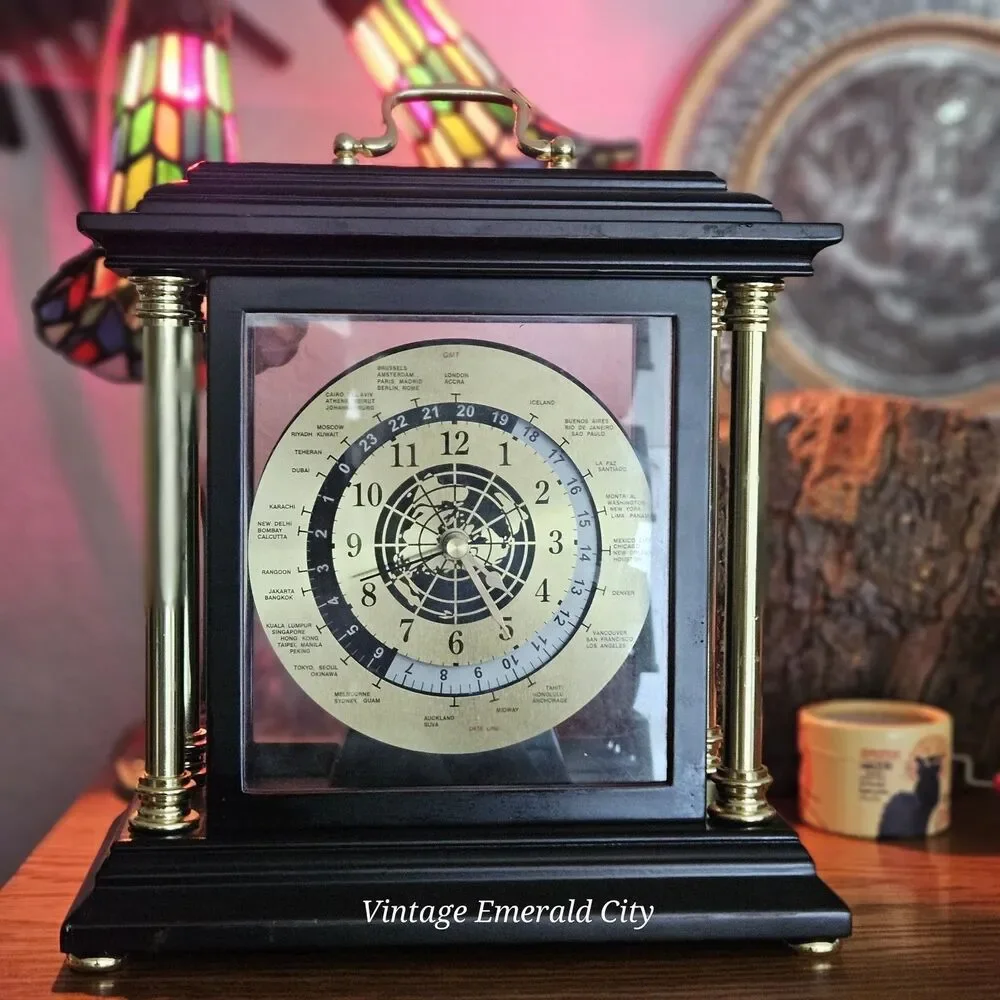 Bombay Analog Desk Clock Black Gold Arabic Numerals Wood Glass Battery Operated